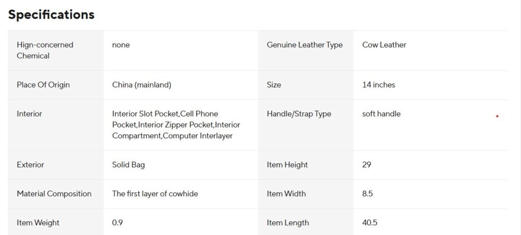 14-inch Laptop Bag's Specifications