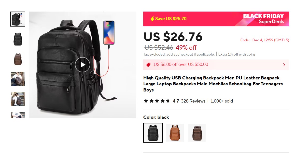 High Quality USB Charging Backpack Men PU Leather Bagpack