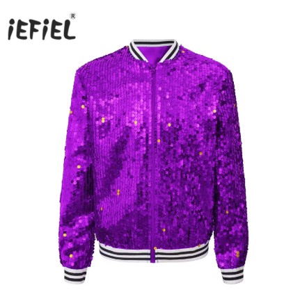 Kids Girls Shiny Sequins Jacket Baseball Coat Long Sleeve