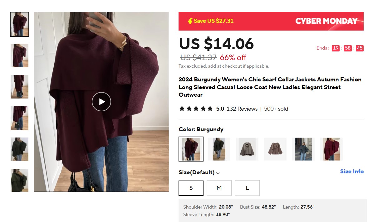 2024 Burgundy Women's Chic Scarf Collar Jackets Autumn Fashion