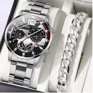 Mens Silver Quartz Watch With Stainless Steel Bracelet