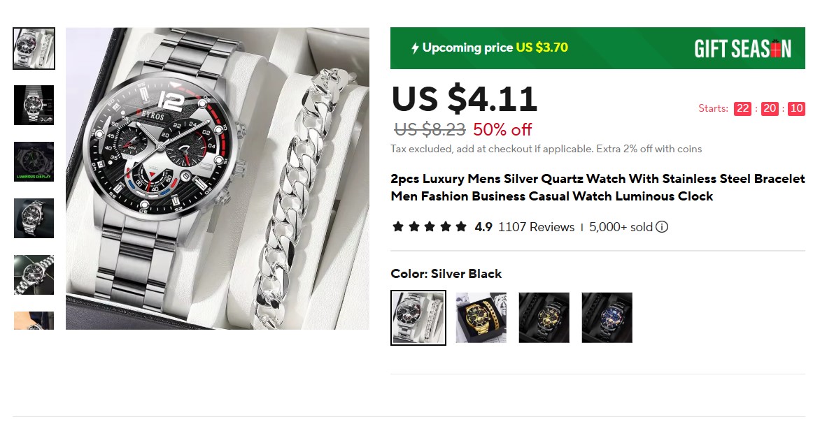 2pcs Luxury Mens Silver Quartz Watch With Stainless Steel Bracelet