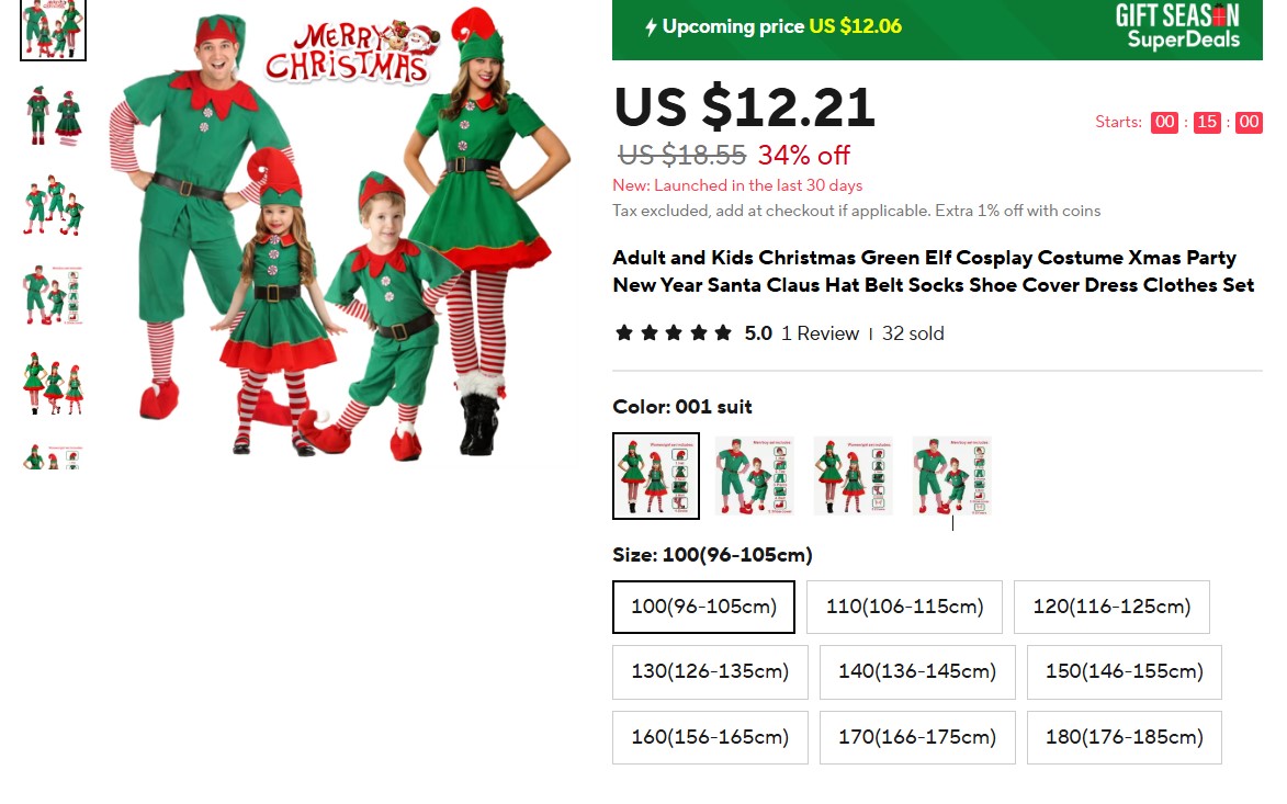 Adult and Kids Christmas Green Elf Cosplay Costume