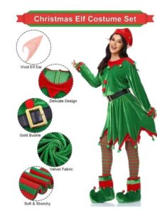 Adults Lady Christmas Elf Costume Fit Hooded Velvet Dress