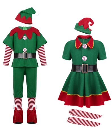 Christmas Santa Claus Costume Green Elf Cosplay Family Party