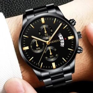 Black Men Stainless Steel Watch Luxury Calendar Quartz