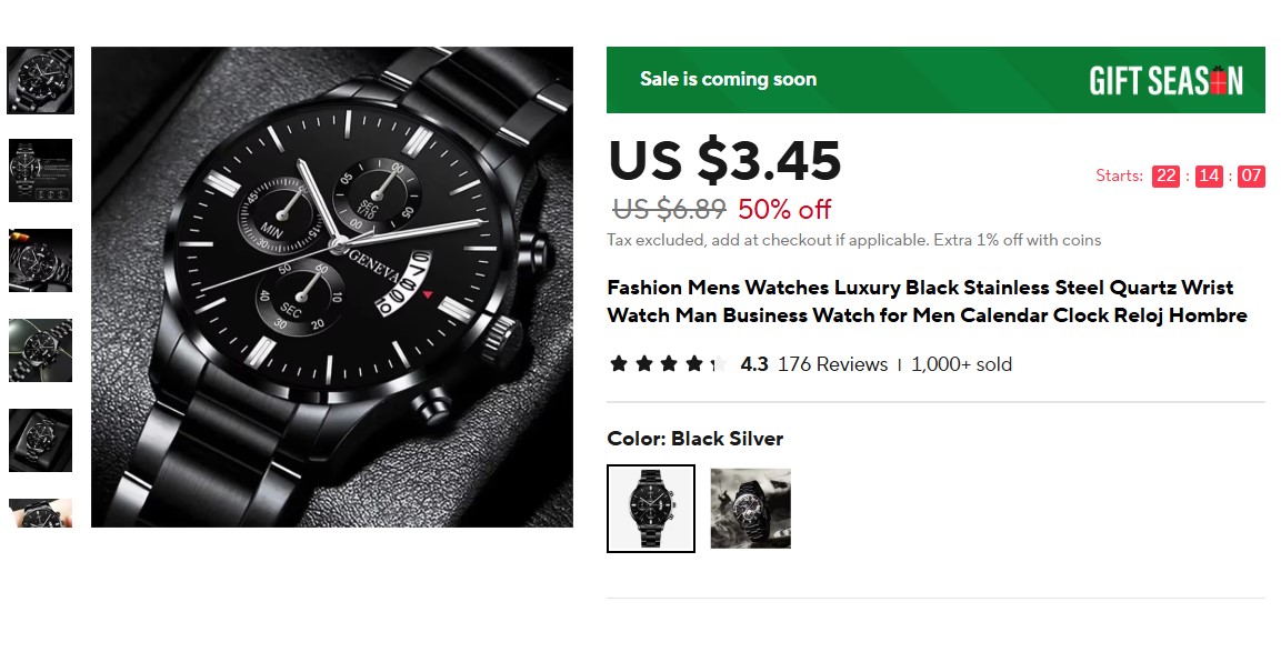 Fashion Men's Watches Luxury Black Stainless-Steel Quartz