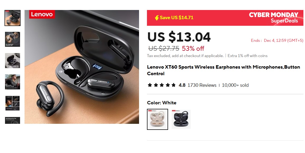 Lenovo XT60 Sports Wireless Earphones with Microphones