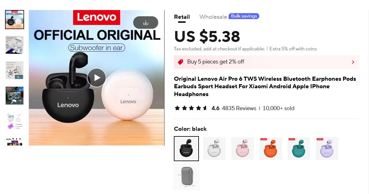 Original Lenovo Air Pro 6 TWS Wireless Bluetooth Earphones Pods