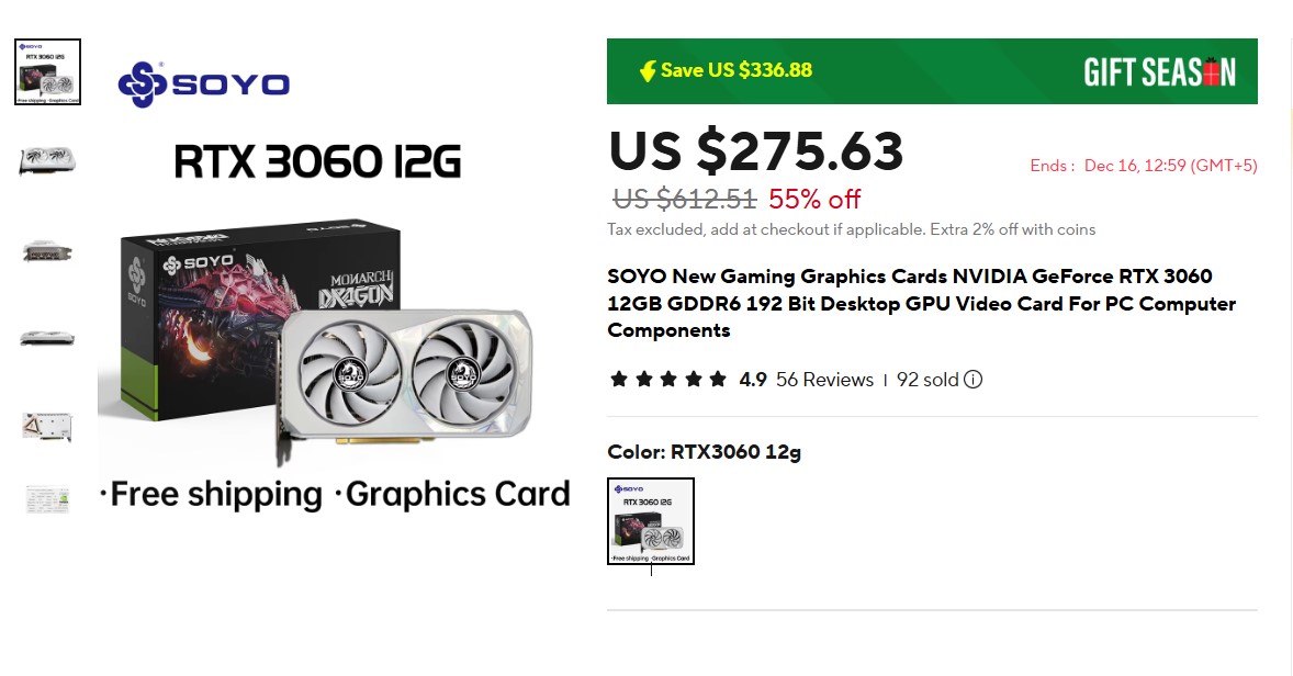 SOYO New Gaming Graphics Cards NVIDIA GeForce RTX 3060 12GB GDDR6 192 Bit Desktop GPU Video Card For PC Computer Components