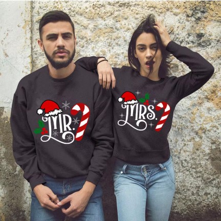 Newlywed Christmas MR MRS Print Couple Sweatshirts