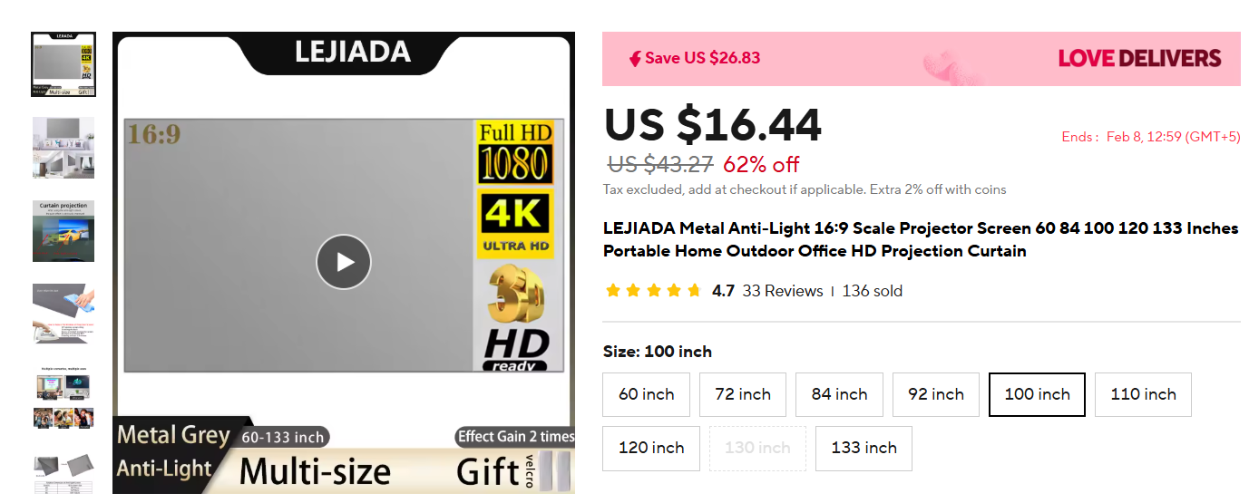 LEJIADA Metal Anti-Light 16:9 Scale Big Projector Screen