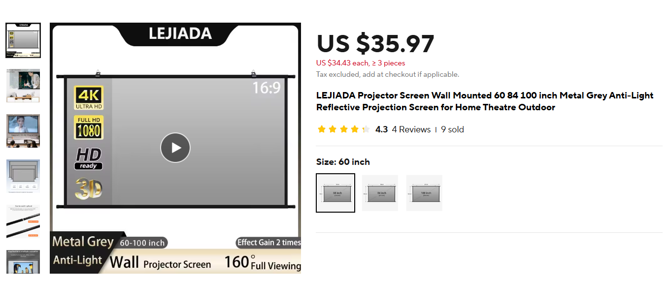 LEJIADA Projector Screen Wall Mounted 60 84 100 inch